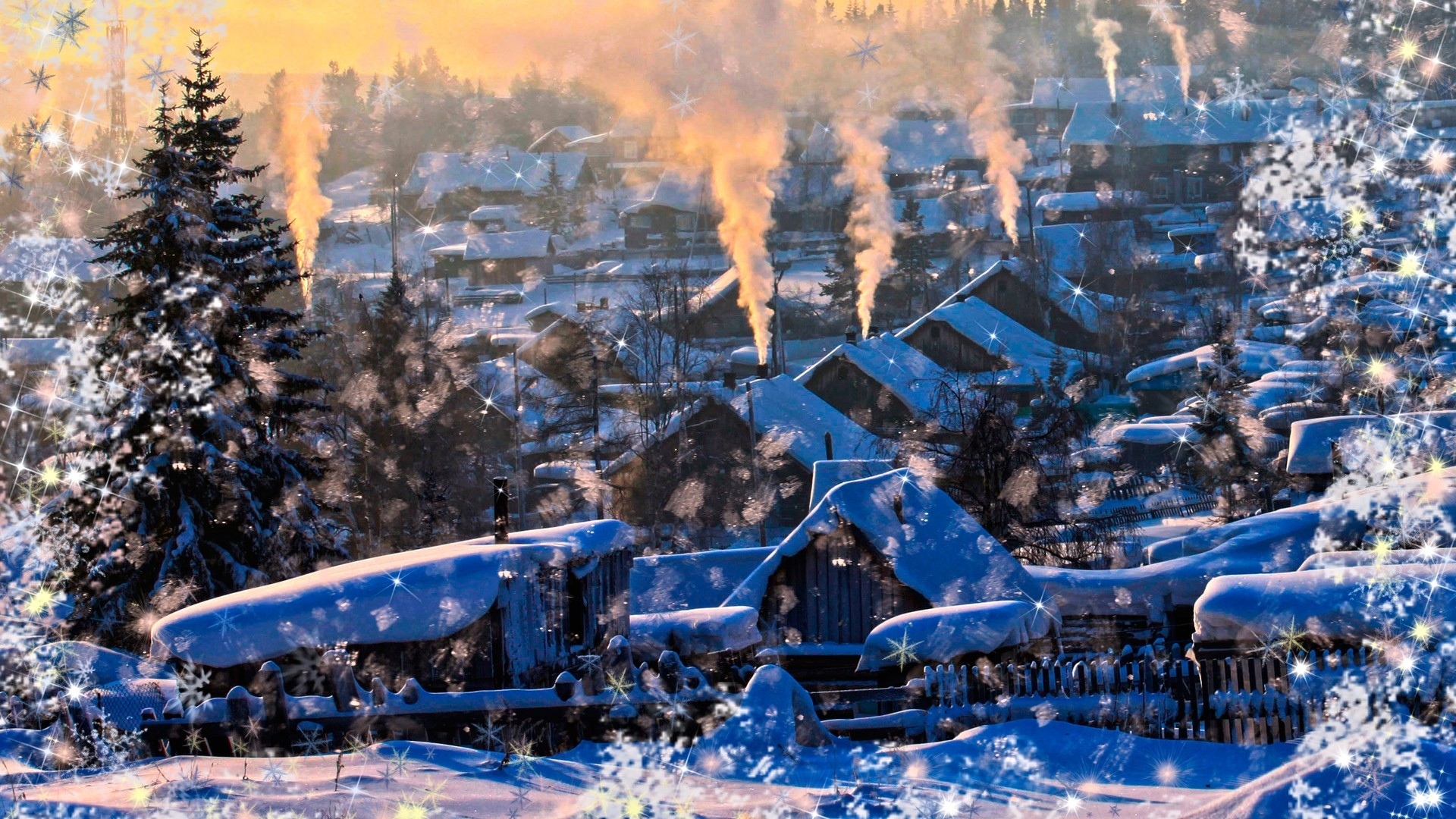 nature, Landscapes, Winter, Snow, Snowing, Flakes, Drops, Art, Artistic, Manipulation, Seasons, Trees, Architecture, Buildings, House, Smoke, Sunset, Sunrise, Cozy, Christmas Wallpaper