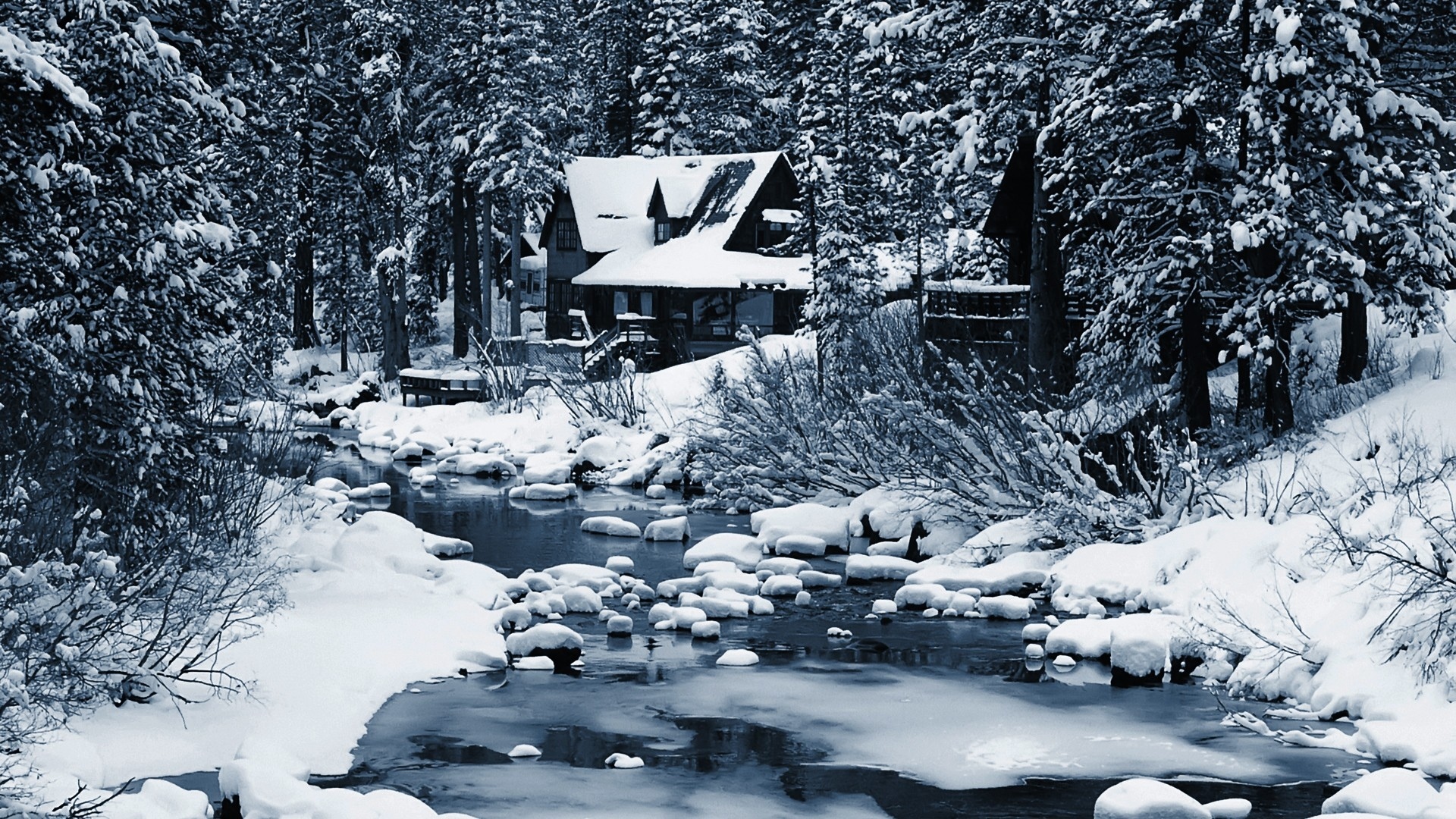 nature, Landscapes, Winter, Snow, Seasons, Rivers, Stream, Rocks, Trees, Forest, Architecture, Buildings, House, White, Contrast Wallpaper