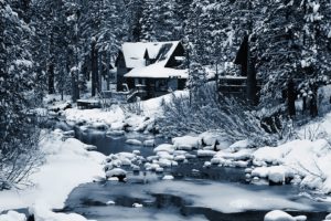 nature, Landscapes, Winter, Snow, Seasons, Rivers, Stream, Rocks, Trees, Forest, Architecture, Buildings, House, White, Contrast