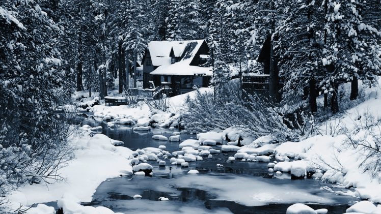 nature, Landscapes, Winter, Snow, Seasons, Rivers, Stream, Rocks, Trees, Forest, Architecture, Buildings, House, White, Contrast HD Wallpaper Desktop Background