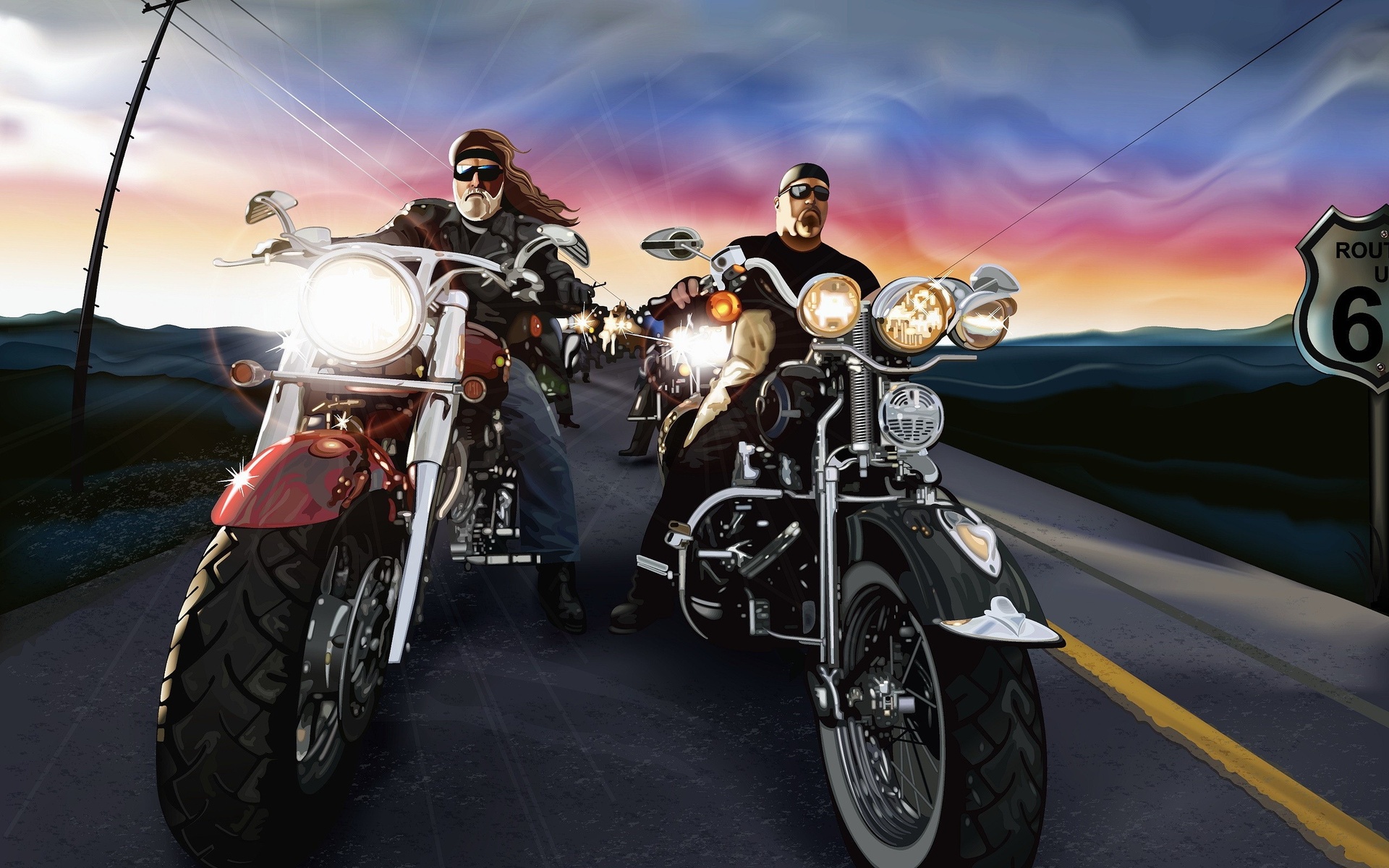 vehicles, Motorcycles, Motorbikes, Bikes, Lights, Biker, Roads, Hog, Harley, Sky, Clouds, Art, Artistic, Davidson, Route, 66 Wallpaper