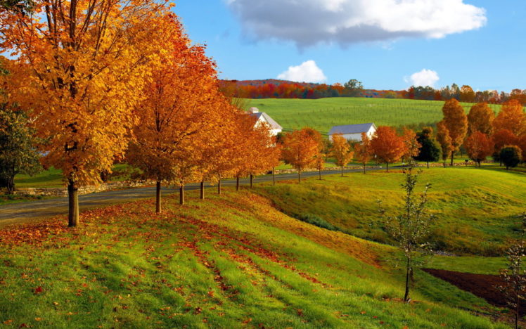 nature, Landscapes, Autumn, Fall, Seasons, Leaves, Fields, Grass, Roads, Fence, Farm, Architecture, Buildings, Houses, Barn, Sky, Clouds, Hills, Color HD Wallpaper Desktop Background