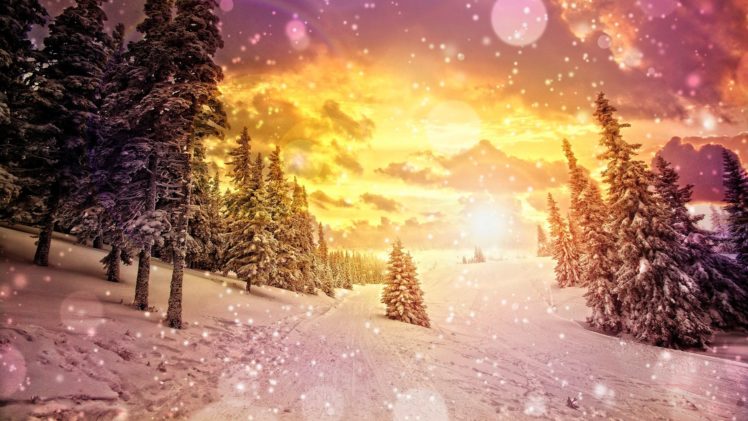 art, Artistic, Cg, Digital, Nature, Landscapes, Mountains, Winter, Snow, Snowing, Flakes, Drops, Sparkle, Sky, Clouds, Sunset, Sunrise, Seasons HD Wallpaper Desktop Background