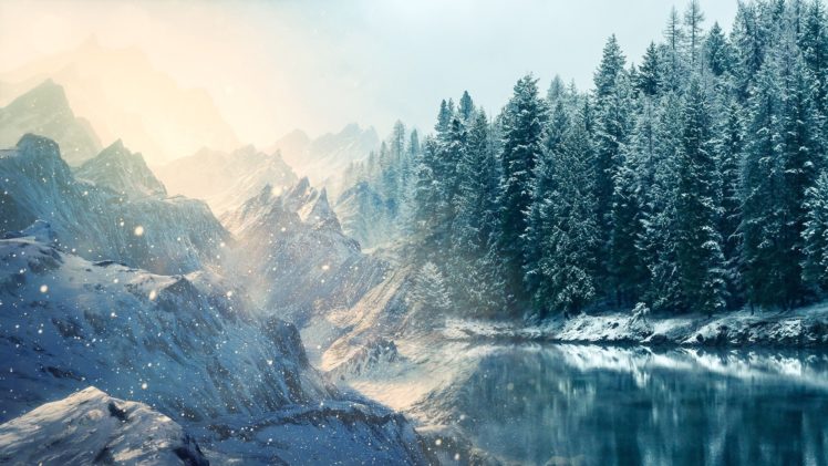 manipulation, Cg, Digital, Art, Artistic, Rivers, Lakes, Water, Reflection, Cold, Shore, Trees, Forest, Winter, Snow, Seasons, Snowing, Wind, Flakes, Drops, Sparkle HD Wallpaper Desktop Background