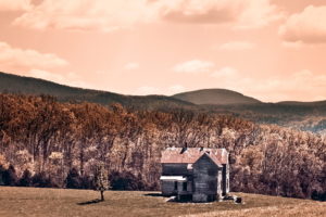 sepia, Ruins, Decay, Abandoned, Wreck, Architecture, Buildings, Houses, Fields, Farm, Trees, Forest, Leves, Autumn, Fall, Seasons, Hill, Mountains, Sky, Clouds, Sunlight