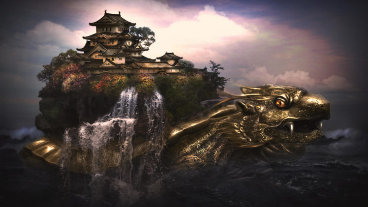 green, Dragon, Turtle, Chinese, Creature, Mythology, Turtle, Dragon, Shell, Fantasy, Asian, Oriental, Architecture, Buildings, Temple, Castle, Detail, Art, Artistic, Cg, Digital, Ocean, Sea, Magic, Sky, Clouds, M HD Wallpaper Desktop Background