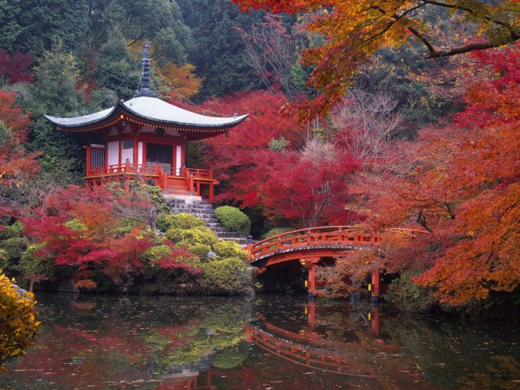 japan, Autumn, Garden, Bridges, Kyoto, Lakes, Maple HD Wallpaper Desktop Background