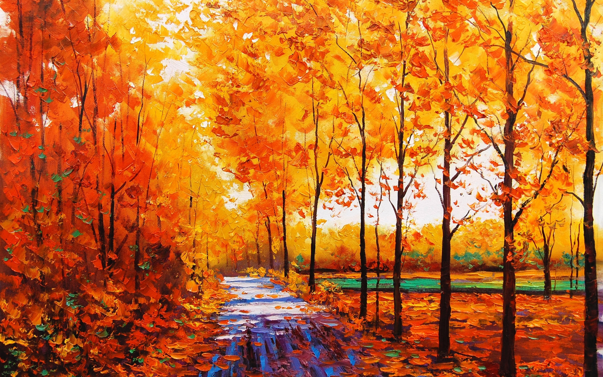 art, Artistic, Oil, Painting, Nature, Landscape, Trees, Forest, Path, Sidewalk, Trail, Leaves, Autumn, Fall, Seasons, Color Wallpaper
