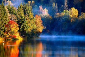 nature, Landscapes, Rivers, Lakes, Water, Reflection, Autumn, Fall, Seasons, Trees, Forest, Fog, Mist, Haze, Sunlight, Sunrise, Sunset