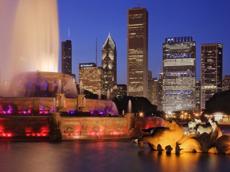 chicago, Dusk, Fountain, Illinois HD Wallpaper Desktop Background