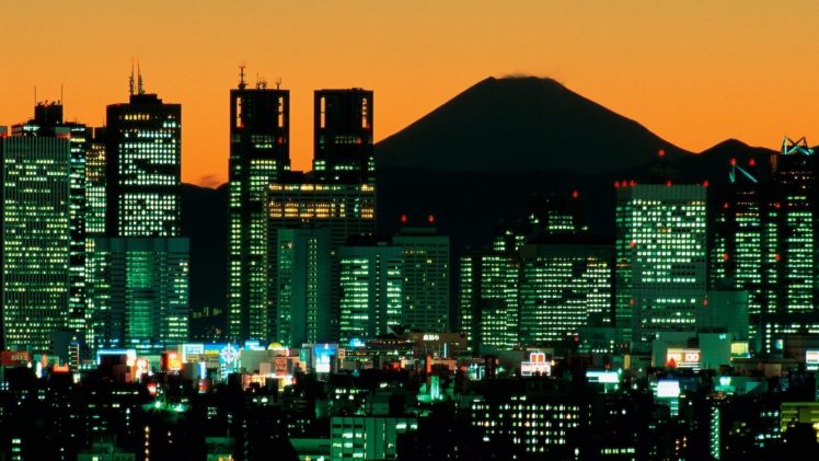 japan, Mount, Fuji, Tokyo, World, Cities, Architecture, Buildings, Skyscraper, Window, Lights, Night, Dusk, Mountains, Volcano, Sunset, Sunrise, Sky HD Wallpaper Desktop Background