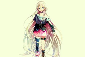 boots, Vocaloid, Blue, Eyes, Skirts, Long, Hair, Thigh, Highs, Open, Mouth, Braids, White, Hair, Ahoge, Choker, Simple, Background, Anime, Girls, Detached, Sleeves, Hair, Ornaments, Garters, Knee, Socks