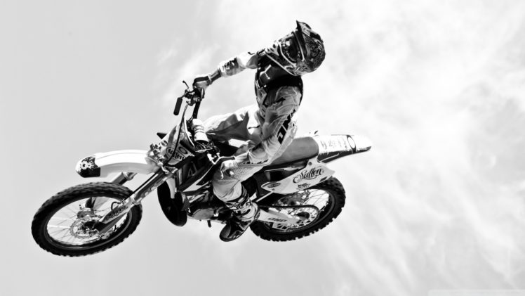 dirtbike, Moto, Vehicles, Motorcycle, Motorbike, Bike, Flight, Fly, Black, White, Wheels, People, Uniform, Sky, Clouds, Extreme, Sports, Racing, Cross HD Wallpaper Desktop Background