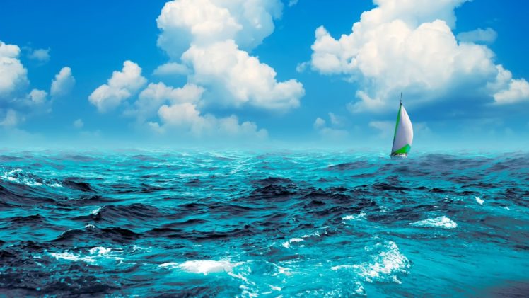 manipulation, Cg, Digital, Art, Artistic, Nature, Ocean, Sea, Waves, Swell, Water, Sky, Clouds, Sailing, Sports, Boat, Ship, Sailboat HD Wallpaper Desktop Background