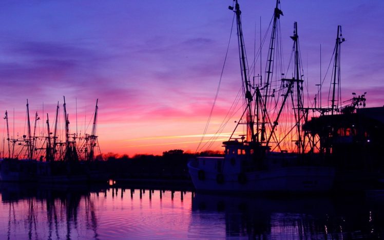 vehicles, Boat, Ship, Fishing, Crane, Harbor, Waterway, Sound, Bay, Sunset, Sunrise, Sky, Clouds, Color, Nature, Mech HD Wallpaper Desktop Background