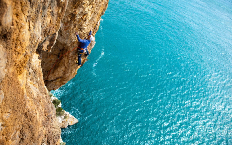 climbing, Sports, Nature, Rope, Man, Men, Males, Cliff, Mountains, Ocean, Sea, Water, Sparkle HD Wallpaper Desktop Background