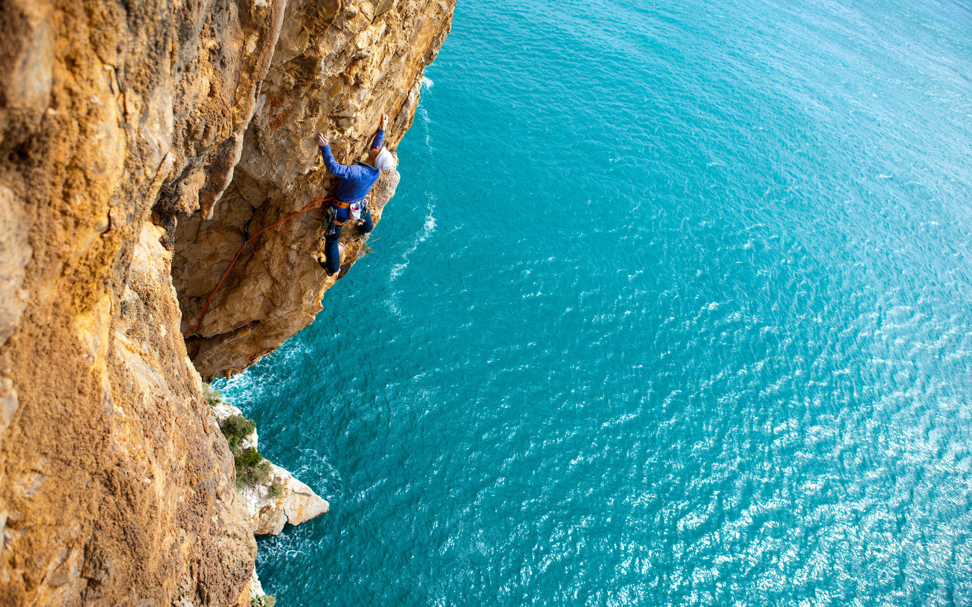 climbing, Sports, Nature, Rope, Man, Men, Males, Cliff, Mountains, Ocean, Sea, Water, Sparkle Wallpaper