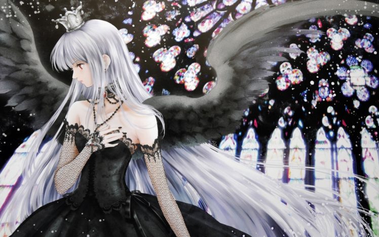 black, Lights, Long, Hair, Gothic, Red, Eyes, Necklaces, Crowns, Gothic, Dress, Angel, Wings, Anime, Girls, Silver, Hair, Black, Nail, Polish, Looking, Away HD Wallpaper Desktop Background