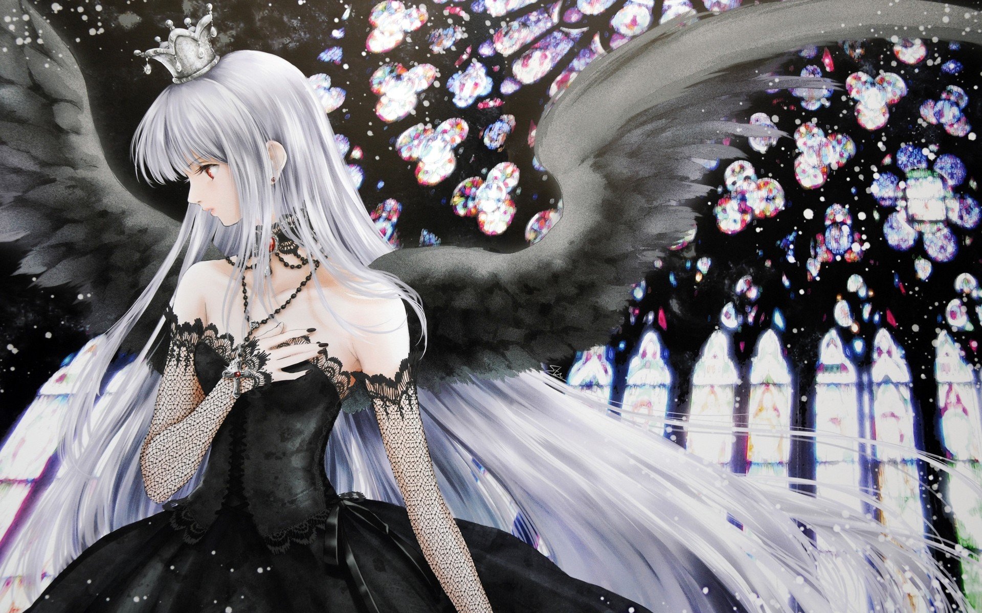 black, Lights, Long, Hair, Gothic, Red, Eyes, Necklaces, Crowns, Gothic, Dress, Angel, Wings, Anime, Girls, Silver, Hair, Black, Nail, Polish, Looking, Away Wallpaper