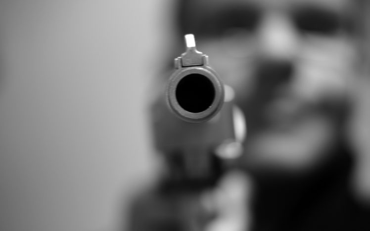 weapons, Guns, Pistol, Black, White, Photography, Barrel, Hole, Circle, Shape, Metal, Steel, Men, Male, Boy, People, Pov, Face, Eyes, Mood, Situation, Emotion, Angry, Violence HD Wallpaper Desktop Background