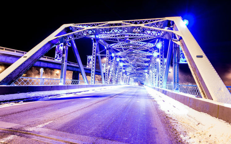 world, Roads, Architecture, Structure, Bridges, Steel, Metal, Night, Lights, Purple, Winter, Snow, Seasons HD Wallpaper Desktop Background