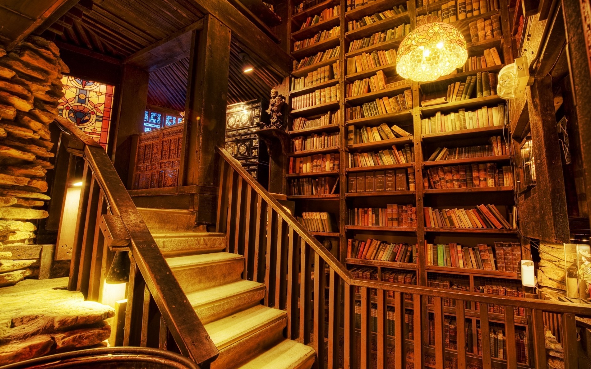 world, Architecture, Room, Library, Wood, Retro, Cabin, Resort, Hdr, Books, Stairs, Rustic, Stone, Buildings, Lamps, Lights, Rail Wallpaper