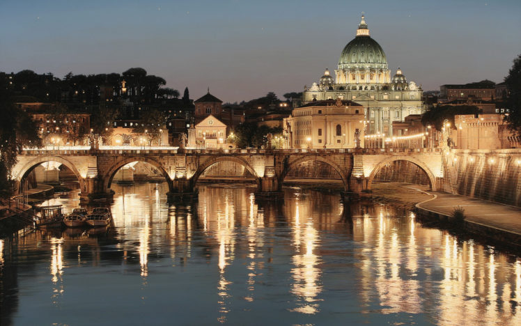 san, Pietro, Tiber, St, Peter, Rome, Italy, World, Cities, Architecture, Building, Cathedrals, Church, Buildings, Bridges, Rivers, Water, Reflection, Glisten, Shine, Night, Lights, Sky, Scenic, Bright HD Wallpaper Desktop Background
