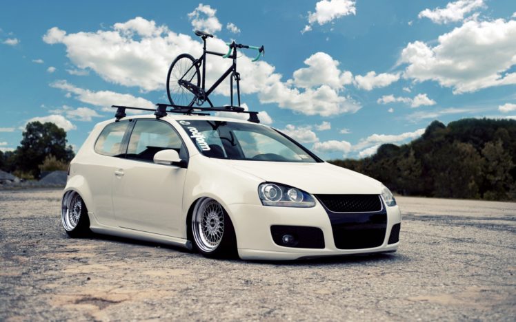 volkswagen, Golf, Vehicles, Cars, Auto, Tuning, Stance, Wheels, Bike, Bycycle, Low, Roads, Sky, Clouds HD Wallpaper Desktop Background