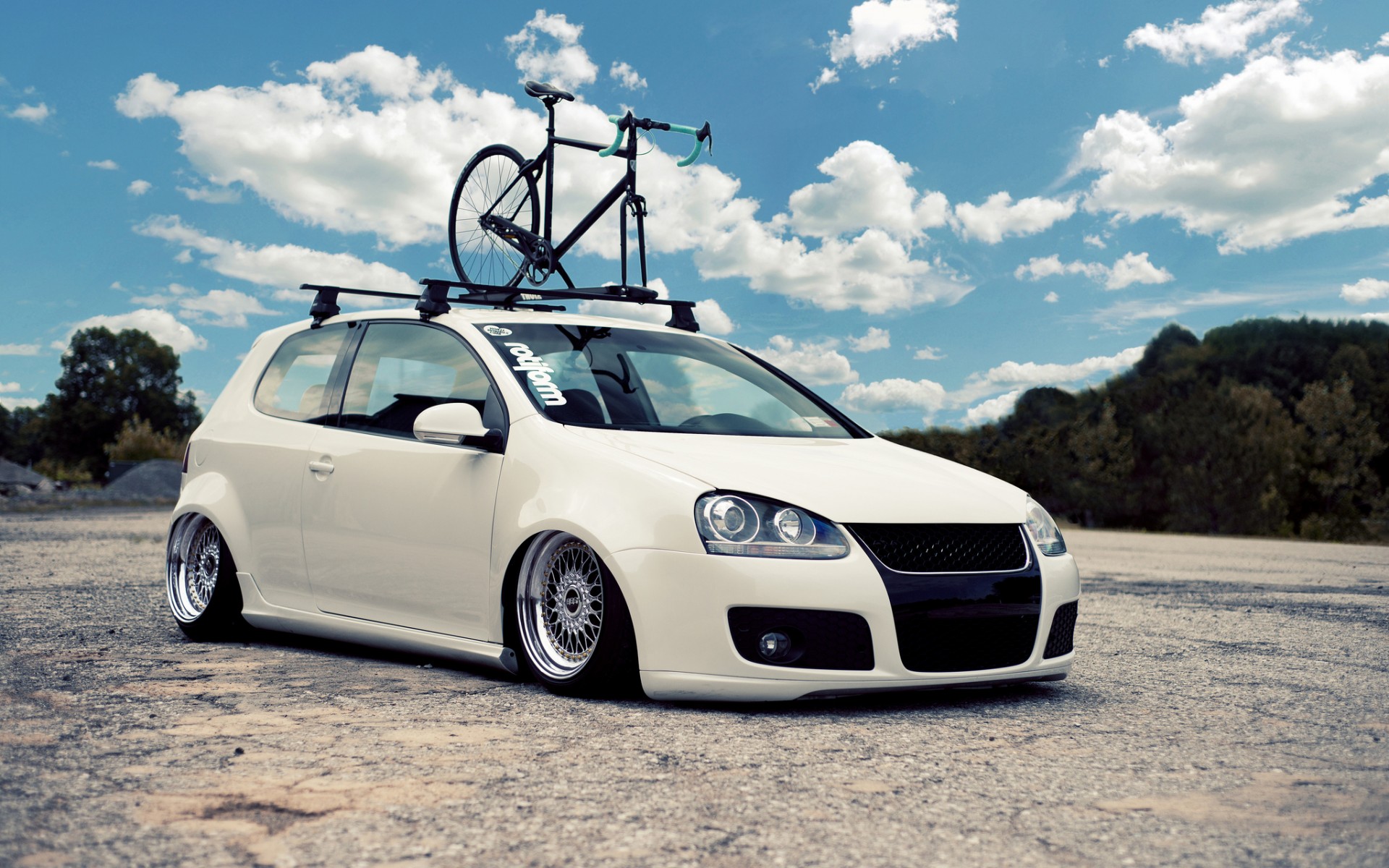 volkswagen, Golf, Vehicles, Cars, Auto, Tuning, Stance, Wheels, Bike, Bycycle, Low, Roads, Sky, Clouds Wallpaper