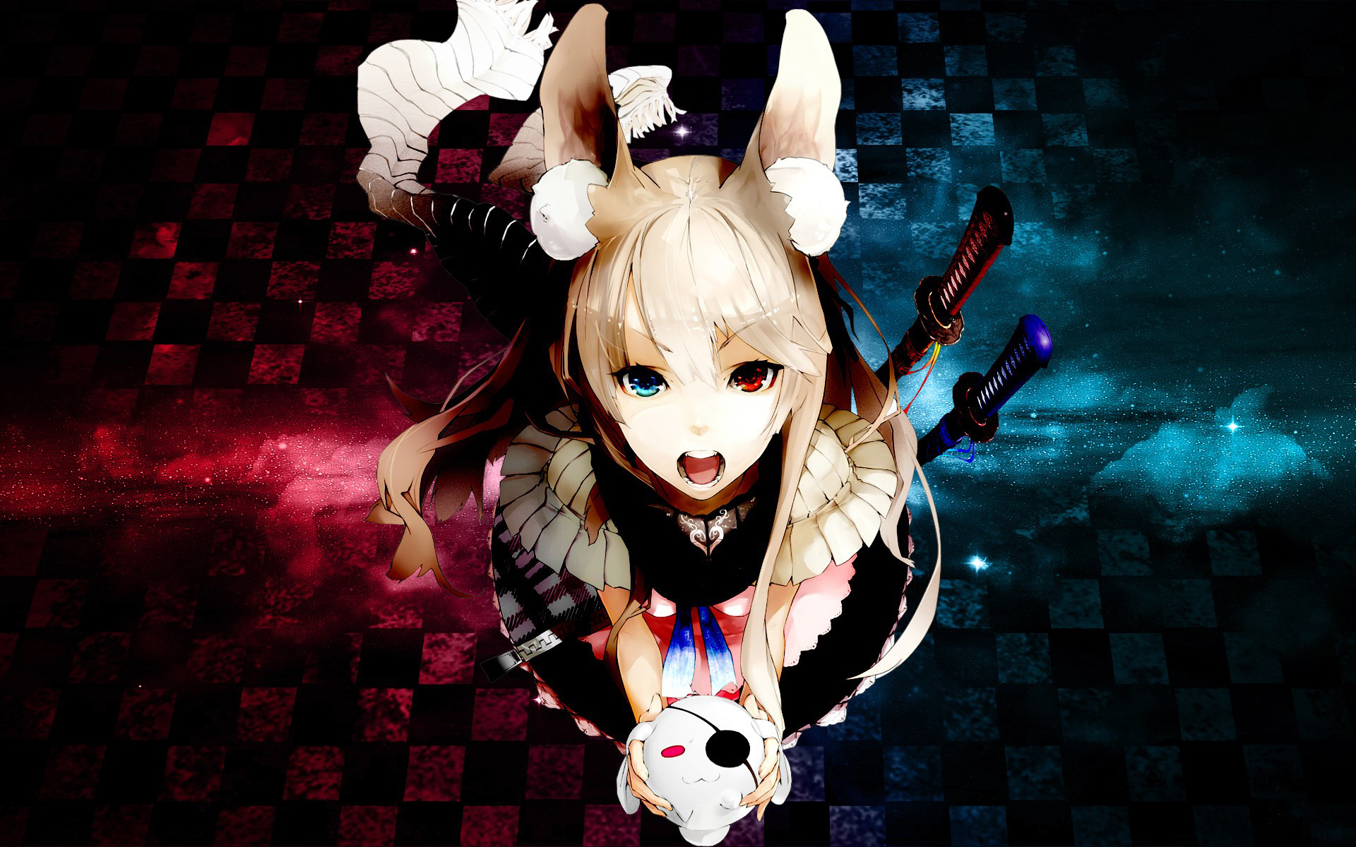 nil, Mangaka, 1920x1200, Wallpaper, Blue, Eyes, Checkered, Checkered, Background, Eyepatch, Female, Heterochromia, Open, Mouth, Red, Eyes, Solo, Stuffed, Rabbit, Stuffed, Toy, Sword, Weapons, Widescreen, 16 10, R Wallpaper