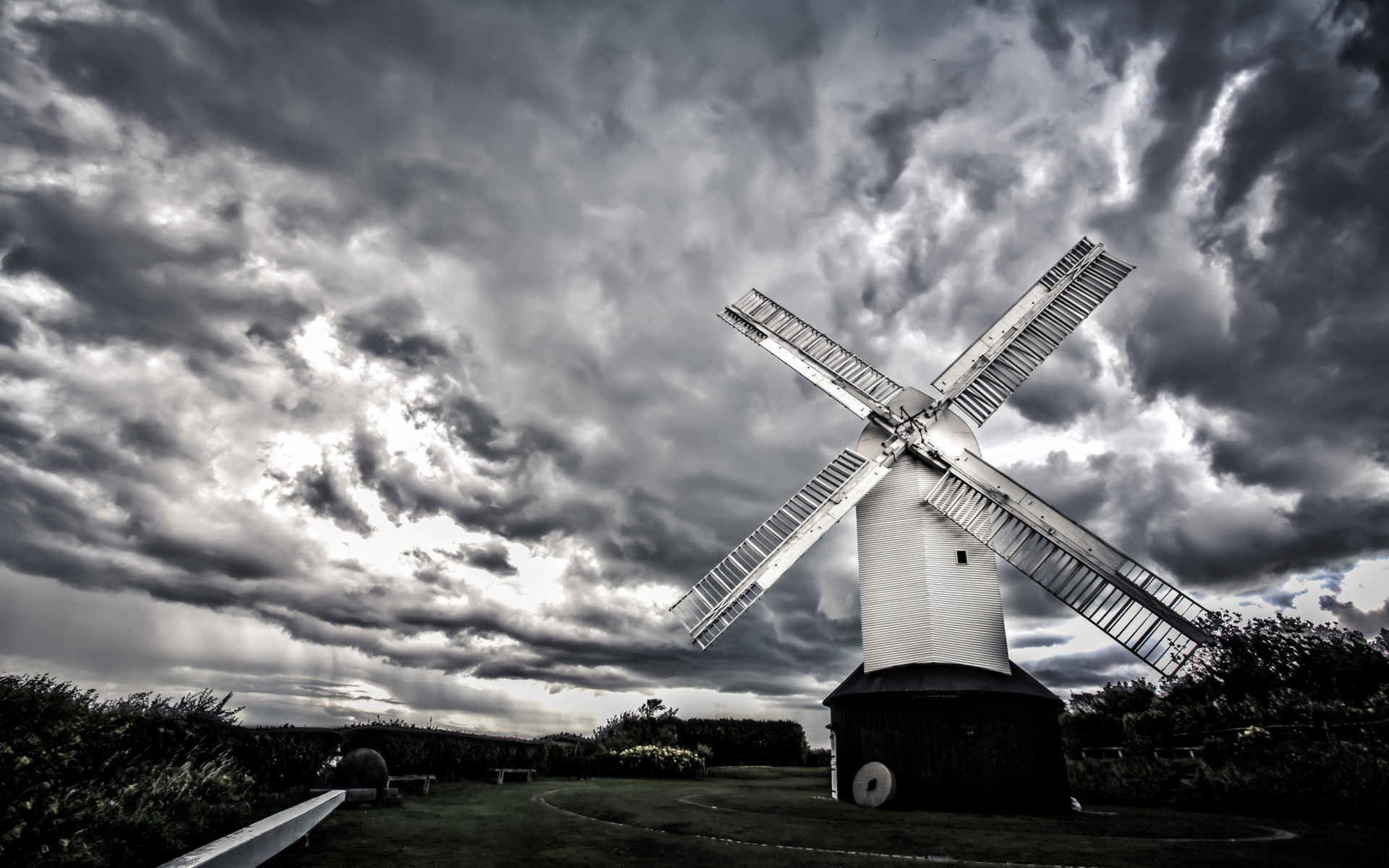 windmill, World, Architecture, Sail, Wind, Buildings, Fence, Nature, Landscapes, Sky, Clouds, Hdr, Black, White, Monochrome Wallpaper