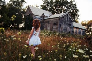 architecture, Buildings, House, Nature, Fields, Grass, Ruin, Decay, Mood, Flowers, Grass, Trees, Women, Females, Girls, Babes, Sexy, Sensual, Dress, Cosplay, Redhead