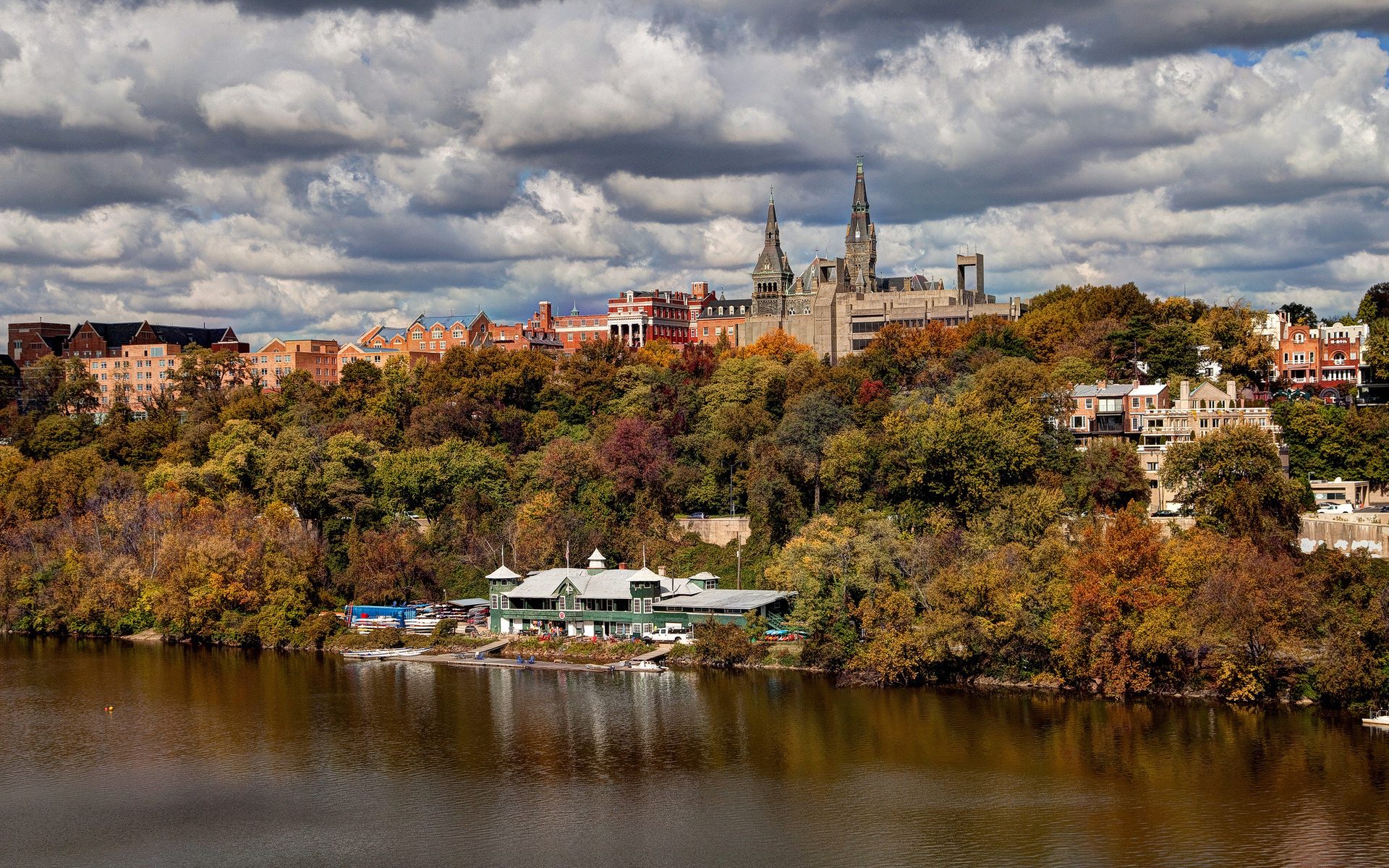 georgetown, University, School, College, World, Architecture, Buildings, Tower, Spire, Trees, River, Lake, Shore, Autumn, Fall, Seasons, Sky, Clouds, Leaves, Scenic Wallpaper