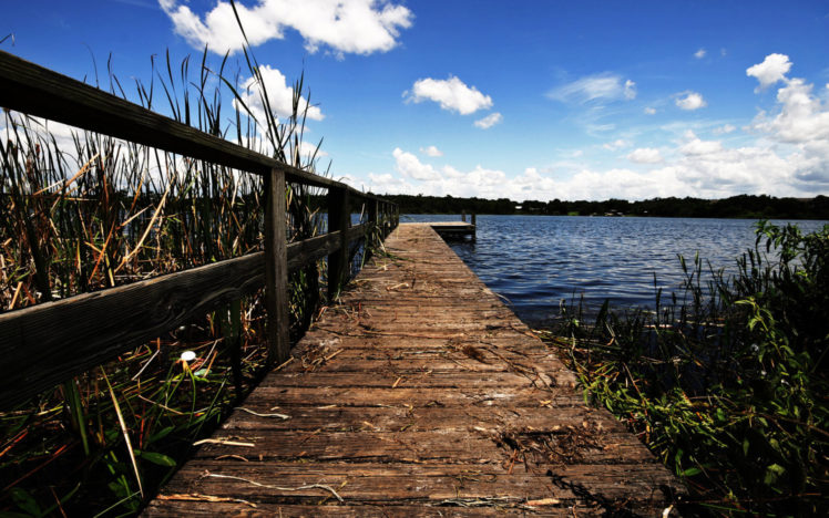 nature, Lakes, Reeds, Grass, Wood, Architecture, Pier, Dock, Fence, Rail, Water, Sky, Clouds HD Wallpaper Desktop Background