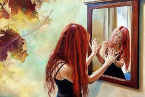 abstract, Paintings, Art, Artistic, Oil, Mood, Emotion, Expression, Redhead, Mirror, Reflection, Glass, Leaves, Autumn, Fall, Women, Females, Girls, Situation, Mental, Angry, Sad, Sorrow