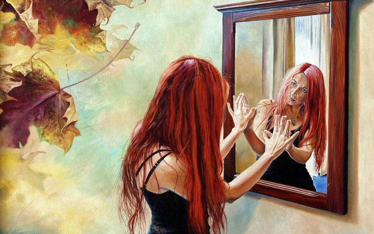 abstract, Paintings, Art, Artistic, Oil, Mood, Emotion, Expression, Redhead, Mirror, Reflection, Glass, Leaves, Autumn, Fall, Women, Females, Girls, Situation, Mental, Angry, Sad, Sorrow HD Wallpaper Desktop Background