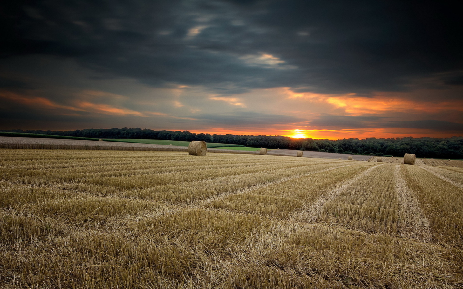 nature, Landscapes, Fields, Crops, Farm, Hay, Bales, Wheat, Rustic, Trees, Forest, Sky, Clouds, Sunset, Sunrise, Color Wallpaper