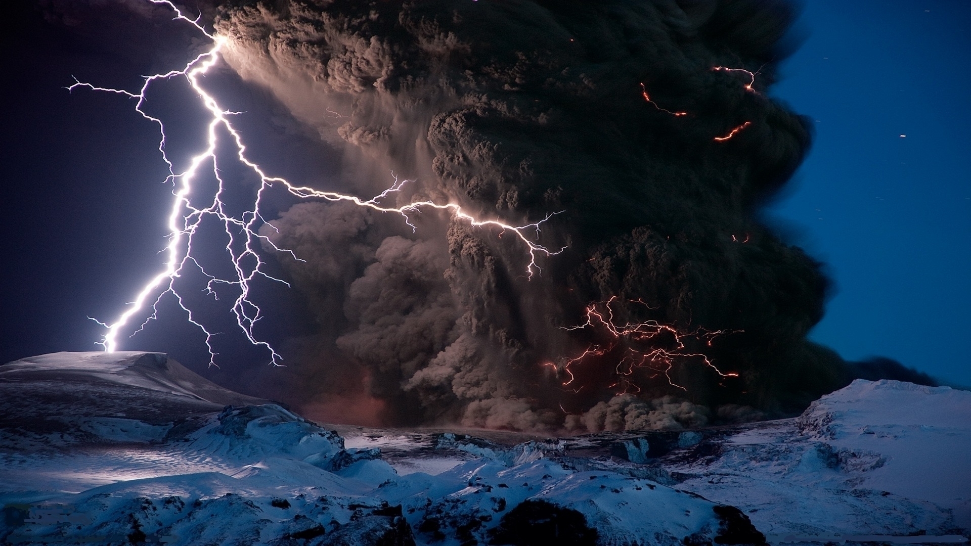 nature, Landscapes, Mountains, Volcano, Smoke, Explosion, Lightning, Snow, Fire, Flames, Night, Stars Wallpaper