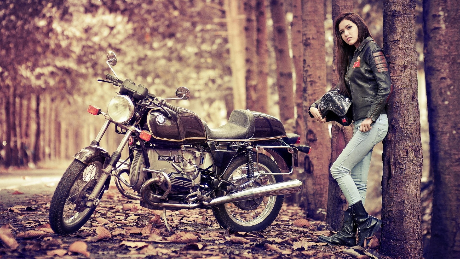 vehicles, Motorcycles, Bikes, Roads, Autumn, Fall, Leaves, Women, Females, Girls, Models, Brunttes Wallpaper