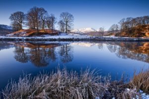 nature, Lakes, Pond, Water, Reflection, Shore, Trees, Winter, Snow, Sky, Mountains, Plants, Frost