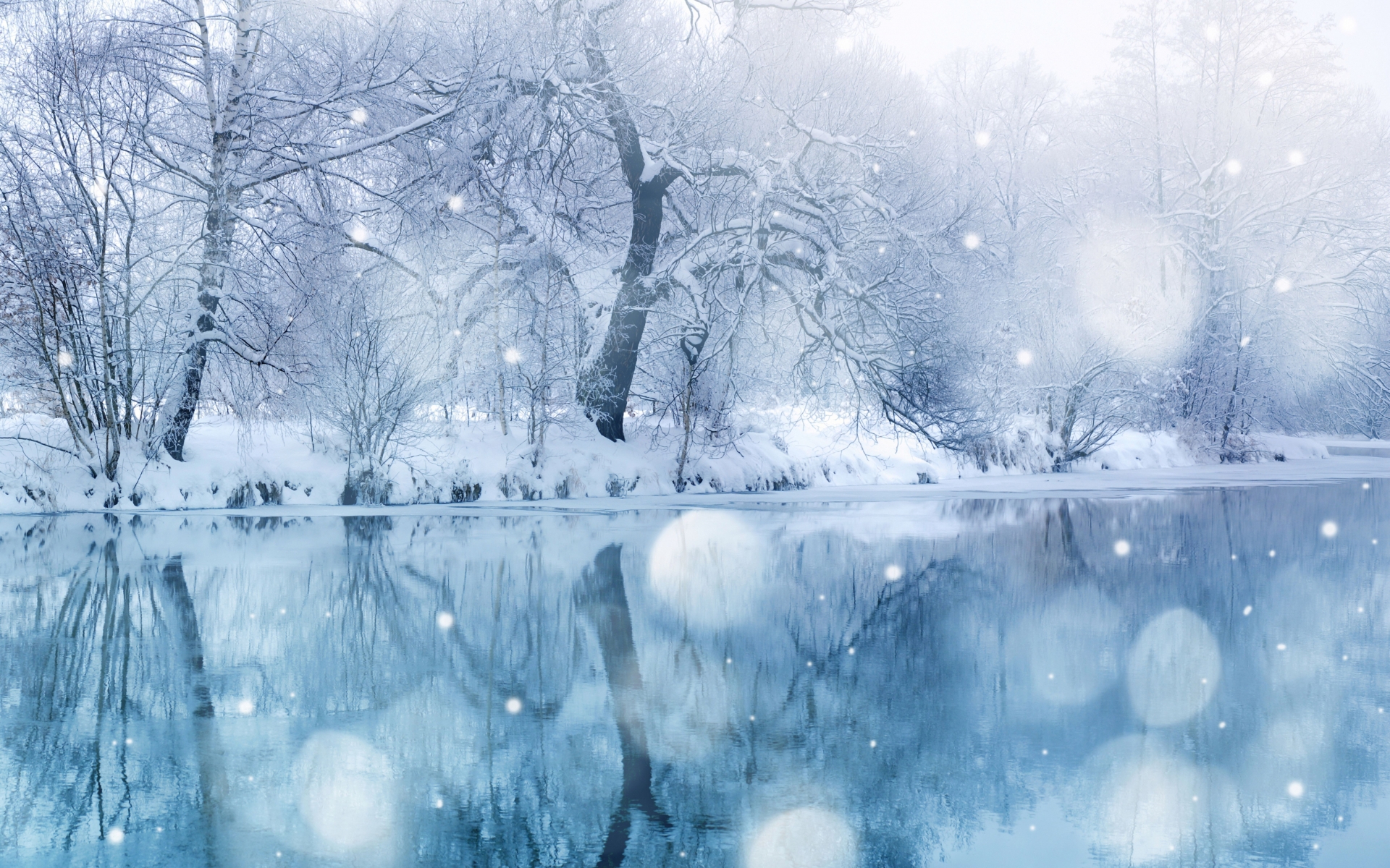 nature, Landscapes, Lakes, Rivers, Water, Reflection, Trees, Forest, Shore, Winter, Snow, Snowing, Flakes, Drops Wallpaper