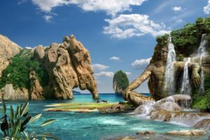 photography, Manipulation, Cg, Digital, Art, Fantasy, Tropical, Waterfall, Nature, Resort, Landscapes, Beaches, Animals, Horses, Cliff, Stone, Rock, Lagoon, Water, Ocean, Sea, Sky, Clouds, Statue, Jungle, Trees