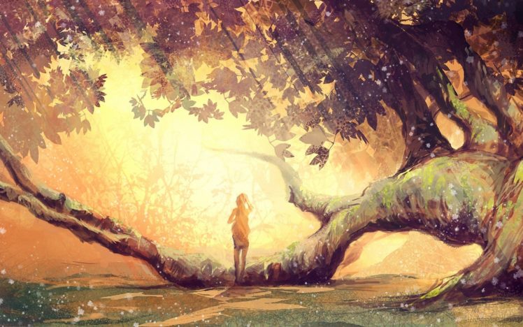 anime, Original, Fantasy, Art, Magic, Landscapes, Nature, Trees, Forest, Branch, Limb, Sunlight, Sunbeam, Light, Girls, Alone, Mood, Emotion HD Wallpaper Desktop Background