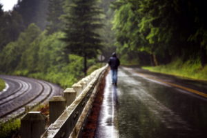 world, Roads, Railroad, Tracks, Fence, People, Men, Males, Mood, Alone, Nature, Landscapes, Trees, Forest, Storm, Rain, Wet