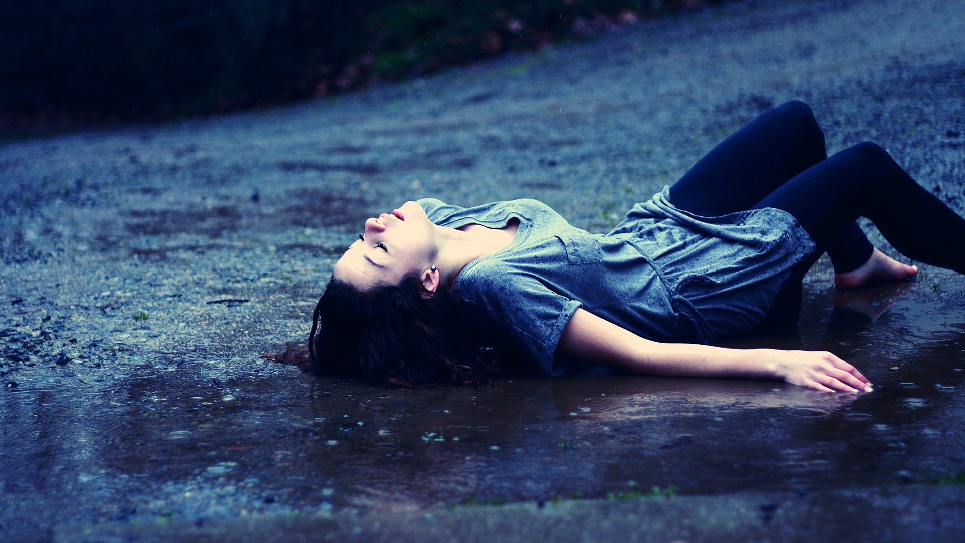 Mood Emotion Women Females Girls Brunette Sad Sorrow Nature Roads Rain Storm Wet