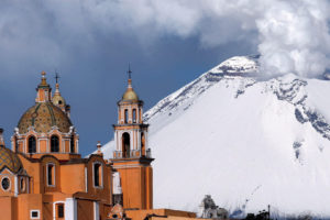 popocatepetl, Volcano, Cholula, Mexico, Eruption, Smoke, Steam, Nature, Mountains, Snow, Architecture, Buildings, Cathedral, Church, Cross