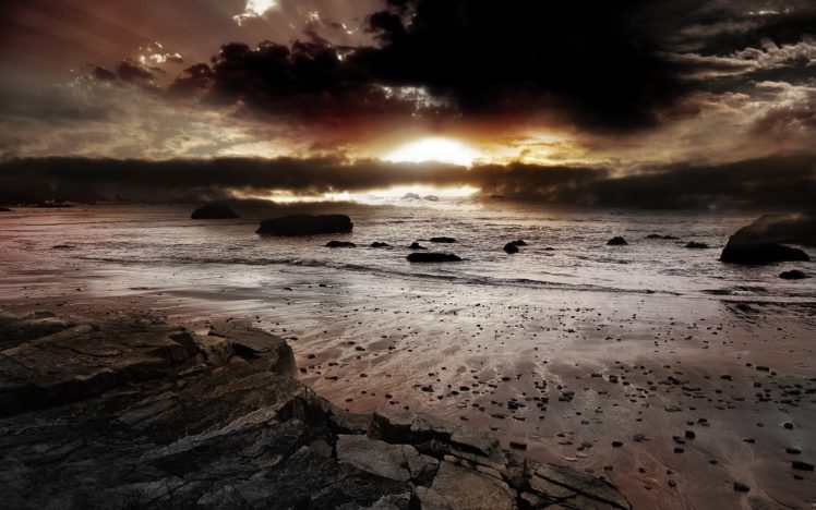 sunset, Sunrise, Clouds, Landscapes, Rocks, Beaches HD Wallpaper Desktop Background