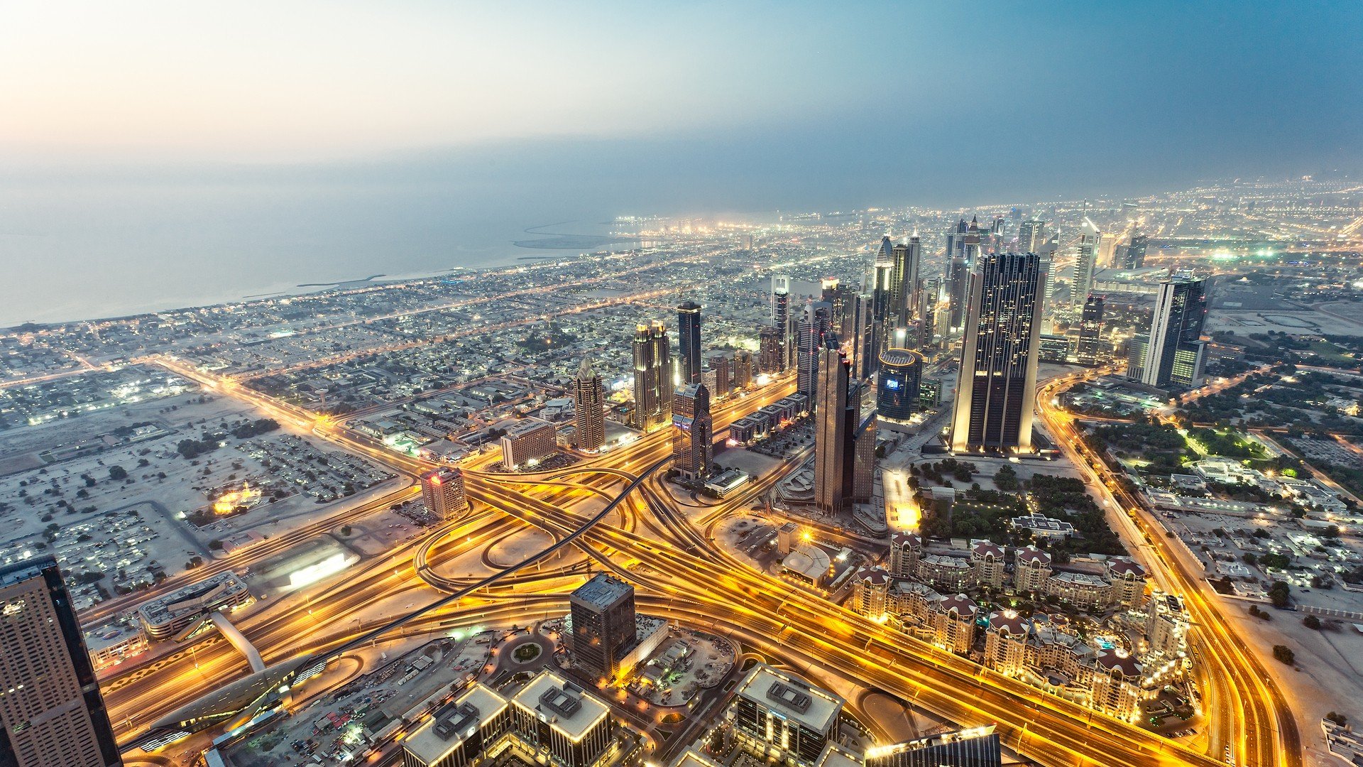 water, Ocean, Cityscapes, Lights, Cars, Buildings, Dubai, Glowing, Skyscrapers, Cities, Burj, Khalifa, Man made, Places Wallpaper