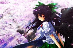 video, Games, Touhou, Wings, Outer, Space, Cherry, Blossoms, Trees, Skirts, Long, Hair, Outdoors, Red, Eyes, Sunlight, Smiling, Blush, Bows, Capes, Reiuji, Utsuho, Flower, Petals, Hands, Behind, Back, Anime, Gir