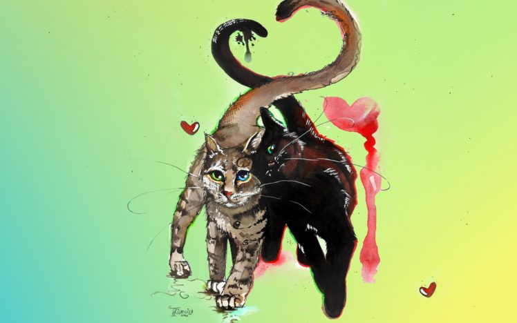 paintings, Love, Cats, Animals, Hearts, Water, Colors HD Wallpaper Desktop Background
